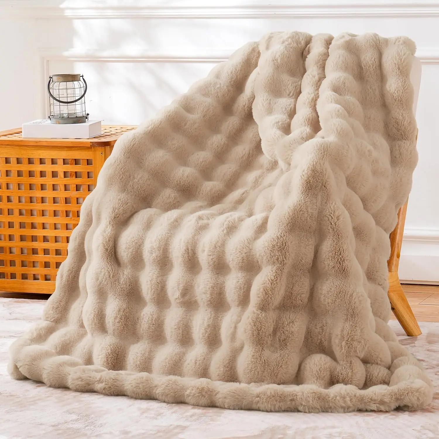 Super Soft Faux Rabbit Fur Blanket All Seasons Camel Bubble Blanket for Bedroom Bed Sofa Winter Home Decor