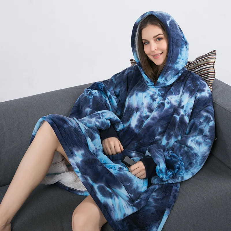 European and American Tie Dye Printed Lazy Clothes Pullover Hoodie Hooded Lazy Pajamas Warm Sleepwear TV Blanket Bathrobe