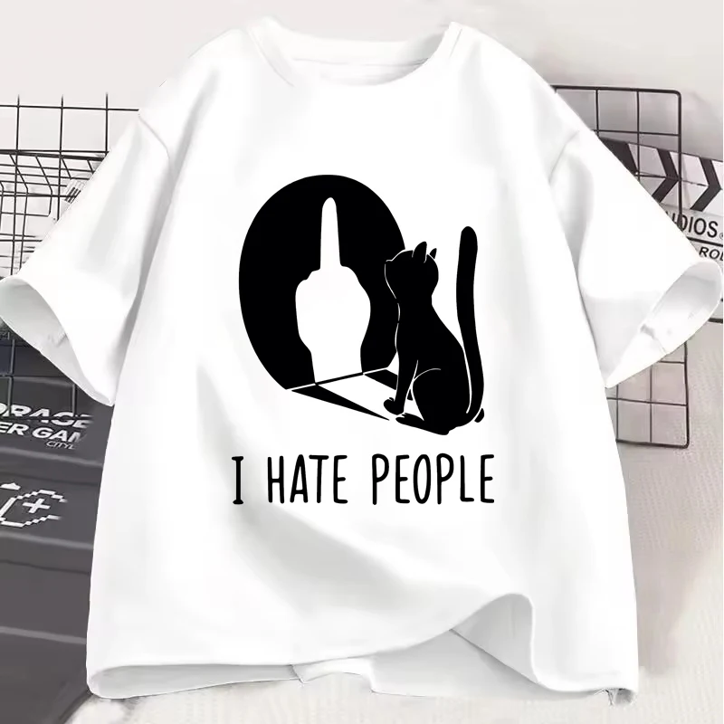 

Street Rebellious Personality Cat Print Pattern Men and Women T-shirt Harajuku Unique Oversized Couple Tee Funny Simple Clothing