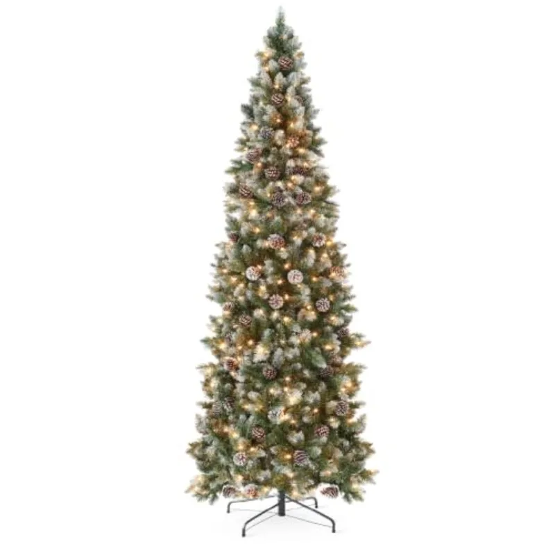 6ft Pre-lit Pencil Christmas Tree Pine w/Twinkling LEDs Partially Flocked Frosted Slim Holiday Decoration Skinny Xmas