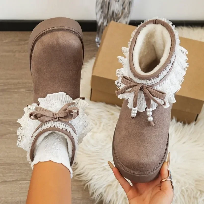 Women Platform Snow Boots Lace Pearl Bow Lace Trim Fleece Lined Warm Winter Ankle Boots