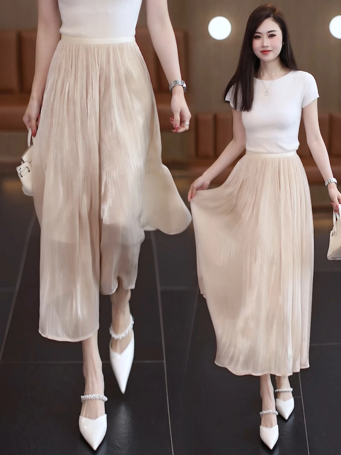 

Summer Thin High Waist Elastic A-Line Skirt Women's Half-length Pleated Skirt Midi Length Mesh Umbrella Skirt