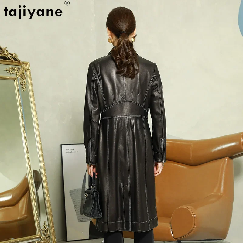 Tajiyane 100 % echte Schaffell-Lederjacke für Damen, 23, mittellanger, lässiger Echtledermantel, modische Lederjacken, Windjacke