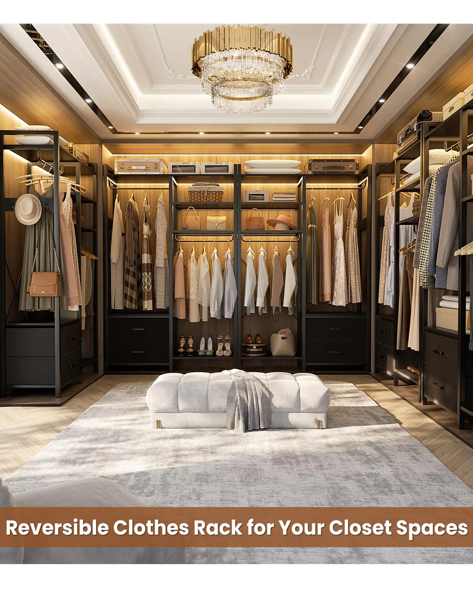 78.7'' Clothes Rack for Hanging Clothes - Reversible Clothing Rack with 2 Drawers, Heavy Duty Garment Racks with