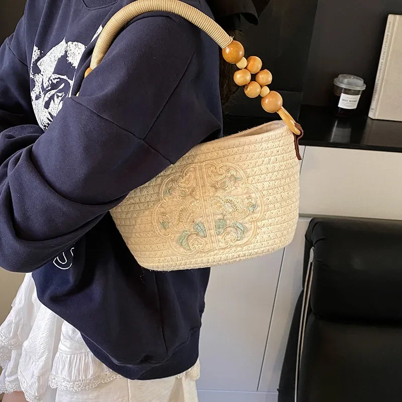 

‌2025 Boho Cotton Tote Bag, Handwoven Beach Bag with Ethnic Embroidery, Adjustable Shoulder Strap for Work & Vacation