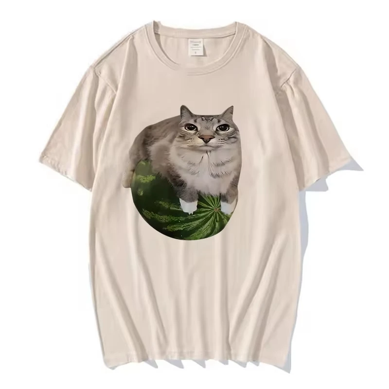 90s Y2k Watermelon Cat Silly Cat Meme T-Shirt Hilarious Watermelon Print Funny Graphic Tee Cute Retro Top for Women Men