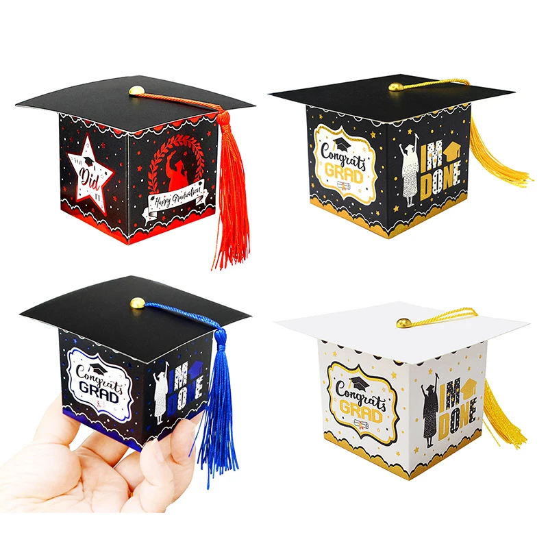 25/50Pcs Bachelor Hat Cap Candy Box For Graduation Favor Cookie Gift Packaging Box With Tassels Grad Congratulation Party Decor