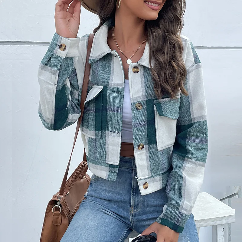 

Single Breasted Retro Short Jackets for Women Plaid Turn-down Collar Coats Casual Outerwear Clothing Chaquetas Abrigo Mujer 2023