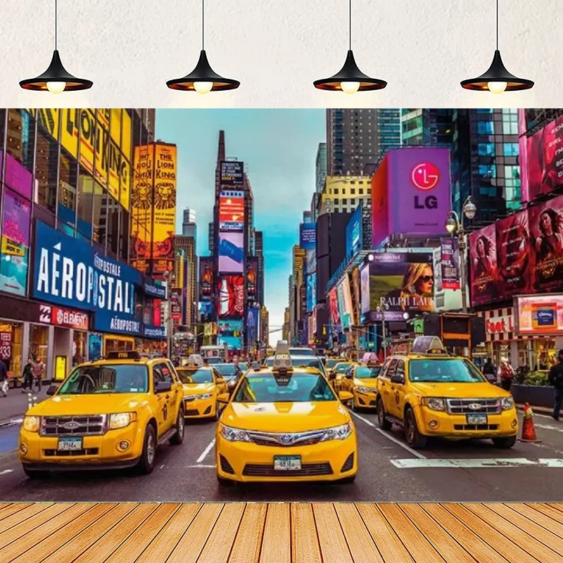 Fondo Fotográfico de Nueva York, Times Square, Broadway, Taxi Neón, Paisaje Emblemático, Fondo para Fiestas, Banner de Pared