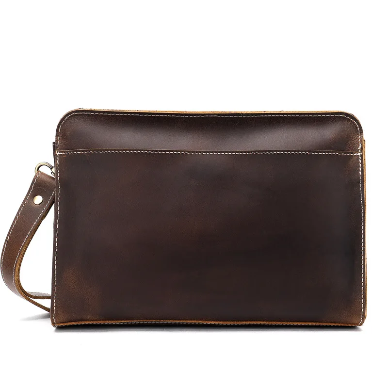 Men's Handmade Vintage Crazy Horse Leather Clutch Bag | Top Grain Cowhide Large Capacity | Luxury Elegant Fashion Handbag Trendy