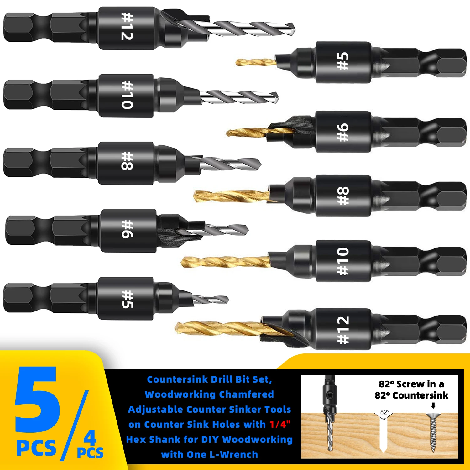 

4/5pcs Countersink Drill Bit Set, With 1/4" Hex Shank For DIY Woodworking Drilling Hole With L-Wrench #5 #6 #8 #10 #12 Cutter