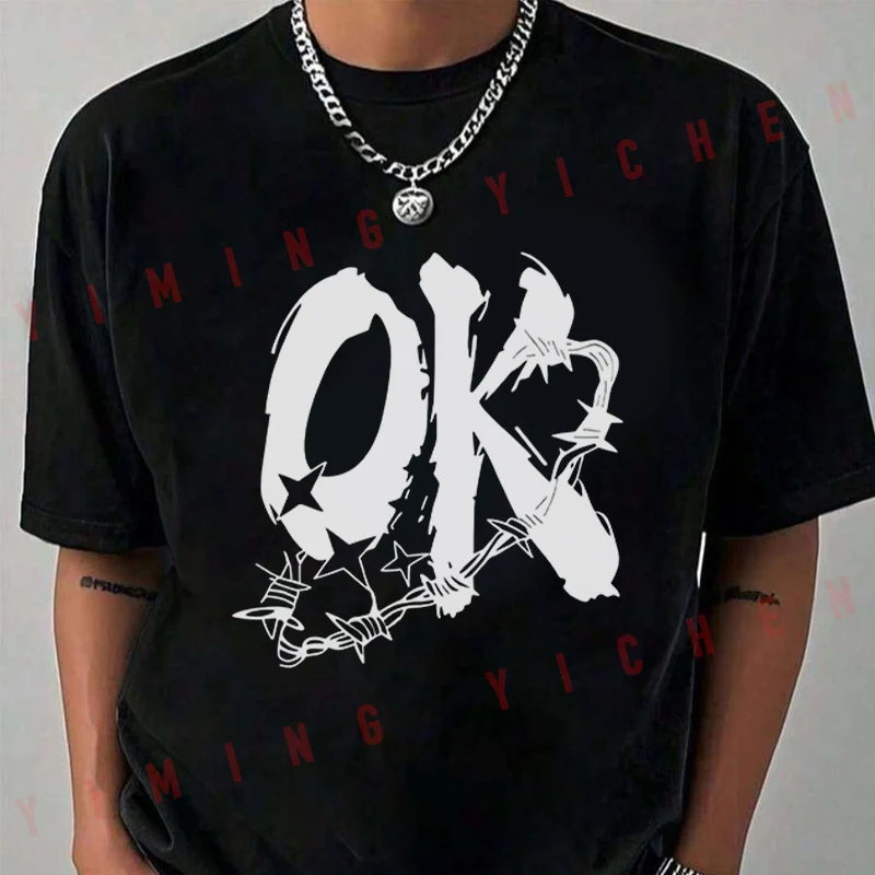 Street Dark Style OK Letter Pattern Print Motorcycle T-shirt Casual Trendy Tshirts For Summer Comfortable Short Sleeve Tops