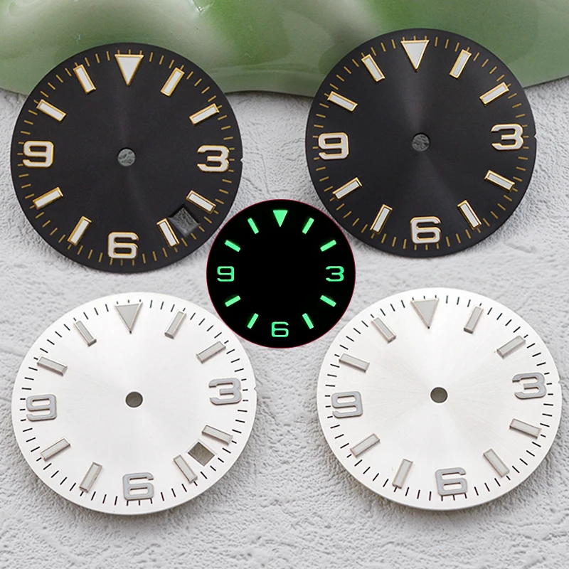 

28.5 mm watch dial luminous green face with sunburst stripes compatible with automatic caliber NH35 NH36 7S26 4R35, brand new