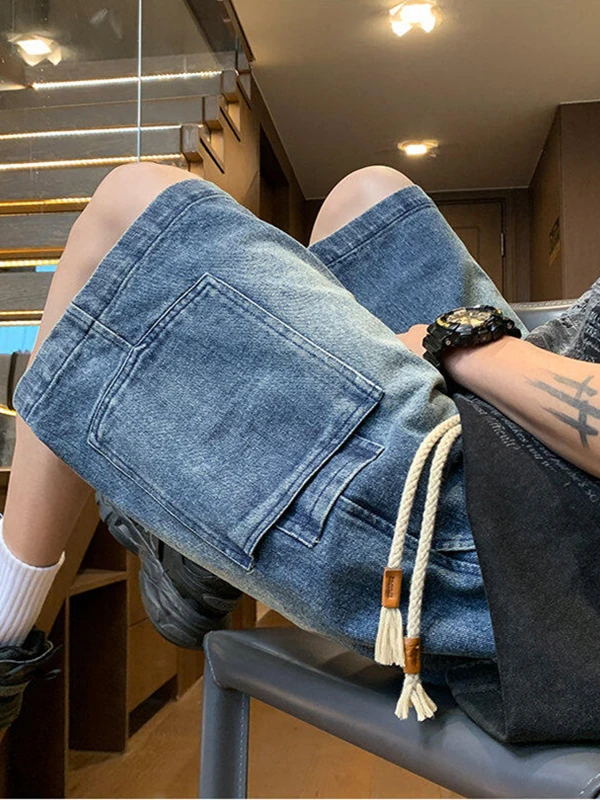 

Waed Vintage Men's Denim orts Summer American Retro Workwear Five-Point Loose Straight-Cut Mid-Waist Trousers