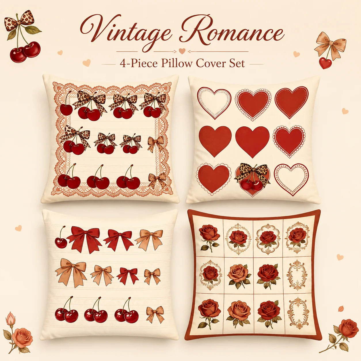 

4Pcs Romantic Red Rose Cushion Covers 2D Flat Printed Peach Skin Coussin Love Heart Room Decor Vintage Sweet Pillow Case