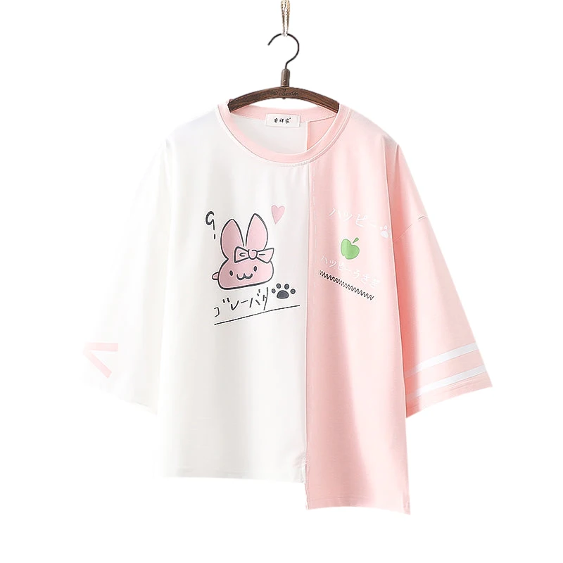 Japanese Mori Cute Fashion T Shirt Women Kawaii Bunny Graphic Tees 2023 Summer Aesthetic Anime Cartoon Print Tops Pink Blue