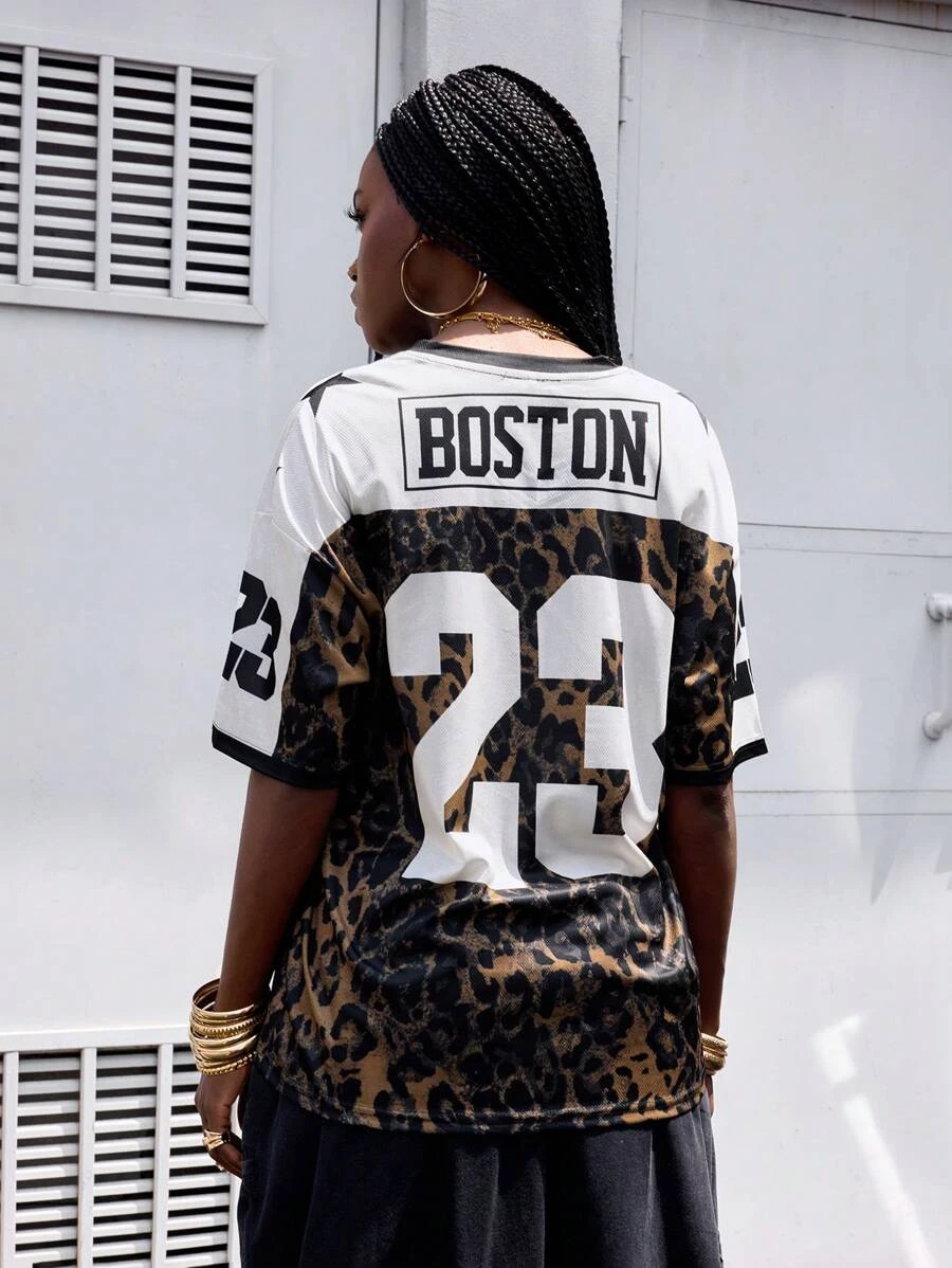 Summer Street Hip-Hop Style Sporty V-Neck Short-Sleeved Leopard Print Lettering Pattern Loose Quick-Drying Women's T-Shirt