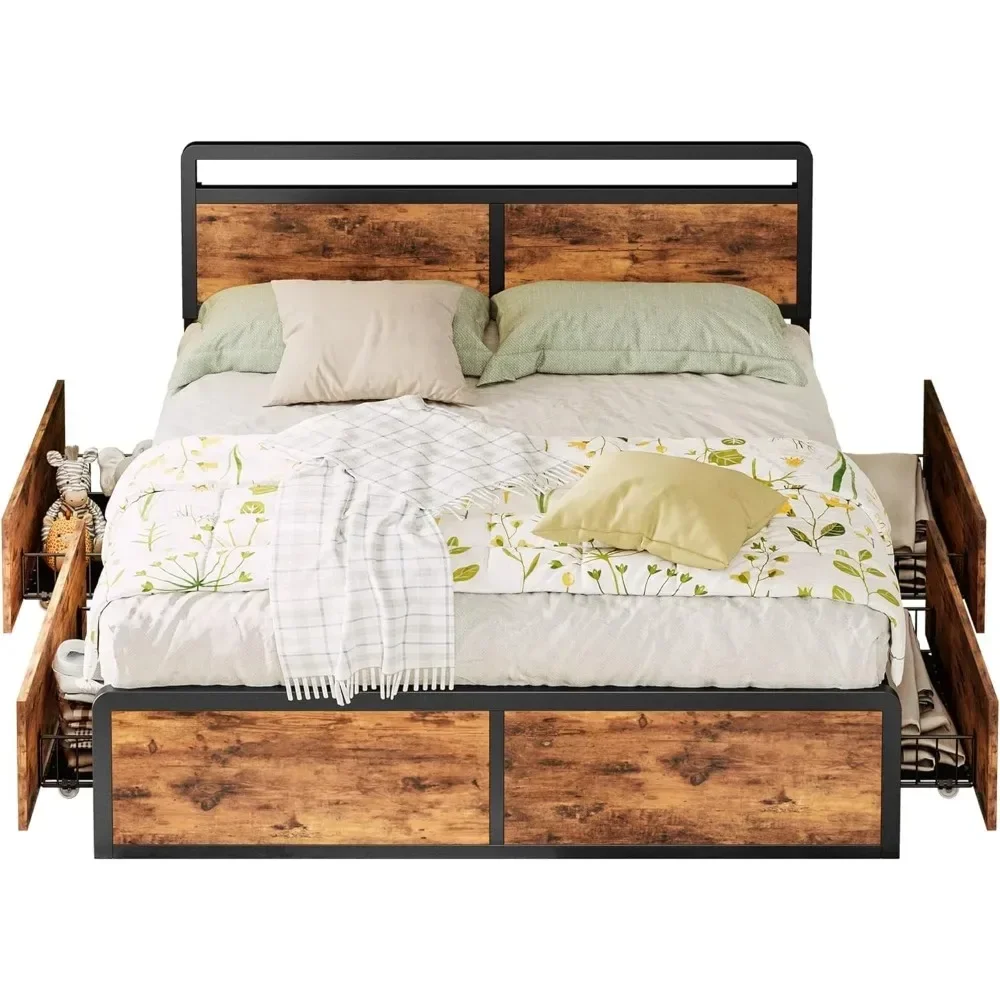 Queen Size Bed Frame with Storage, Adjustable Headboard, Sturdy and Practical, No Noise, Easy Assembly, Bed Frame