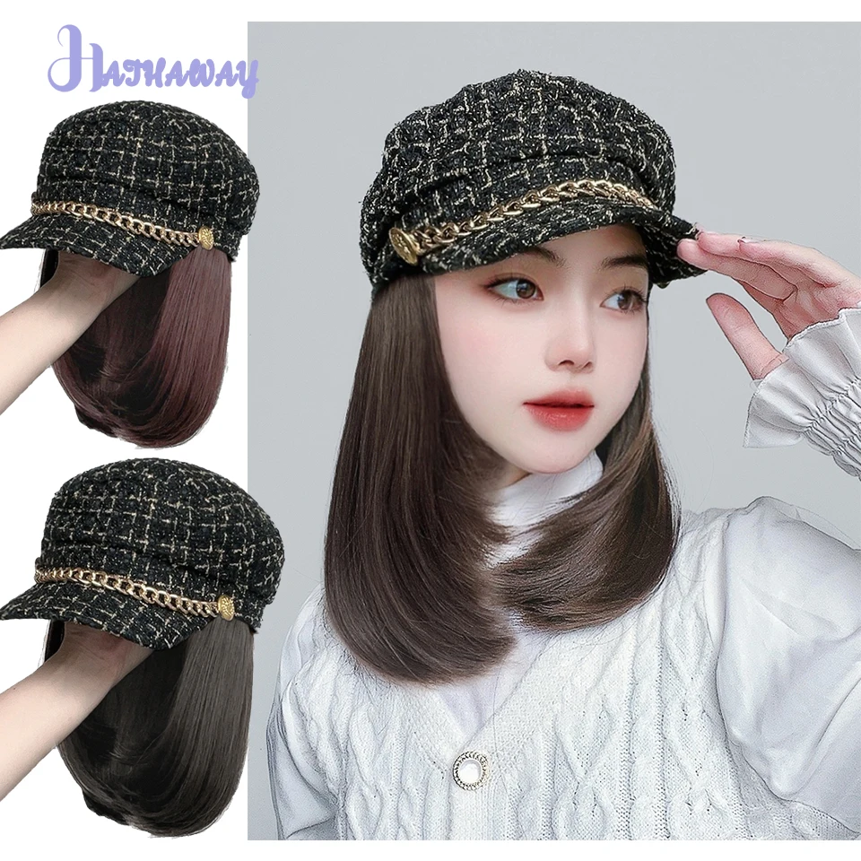 Synthetic Hats And Wigs Women's Fashion In Autumn And Winter New Small Fragrant Octagonal Hats Short Hair Clavicle Hair And Full