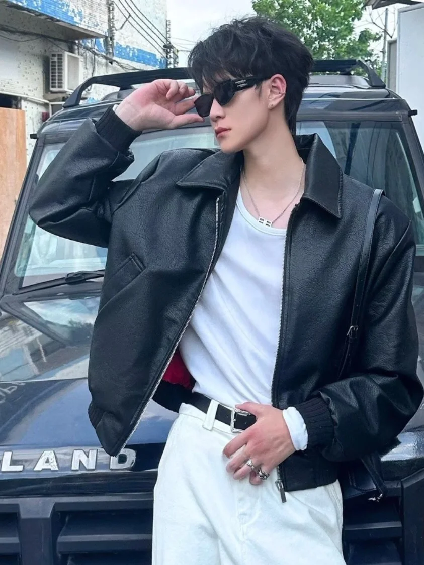 

American Retro High-End Feel ort PU Leather Jaet Men's Spring Autumn Loose Cool Motorcycle Clothes Leather Coat