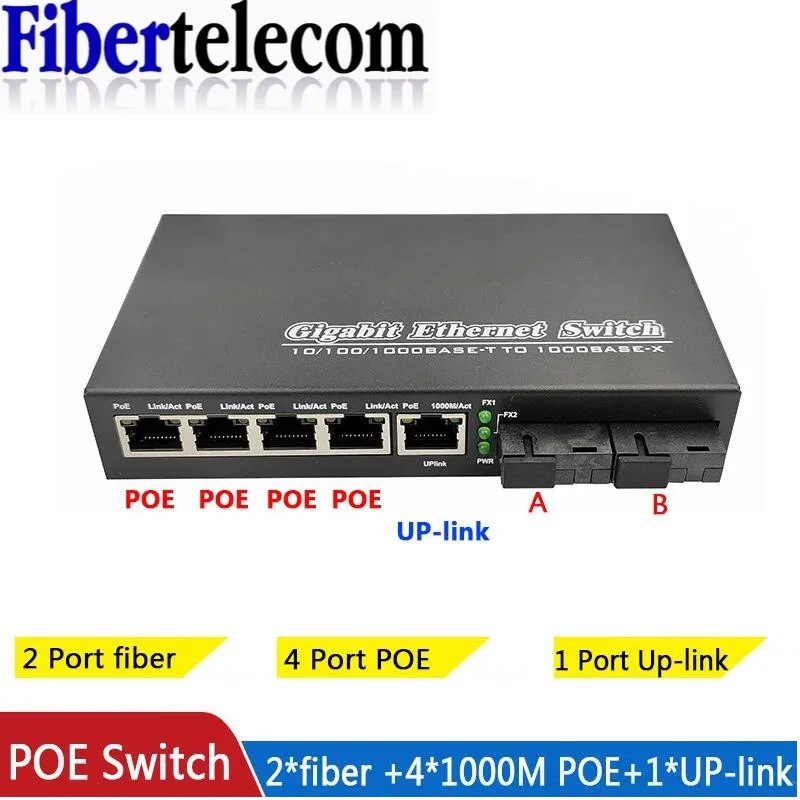 POE Switch 4 POE 2 Fiber 2F5GE Gigabit Ethernet Switch Media Converter Fiber Optical Uplink Port 10/100/1000M 65W 52V1.25A