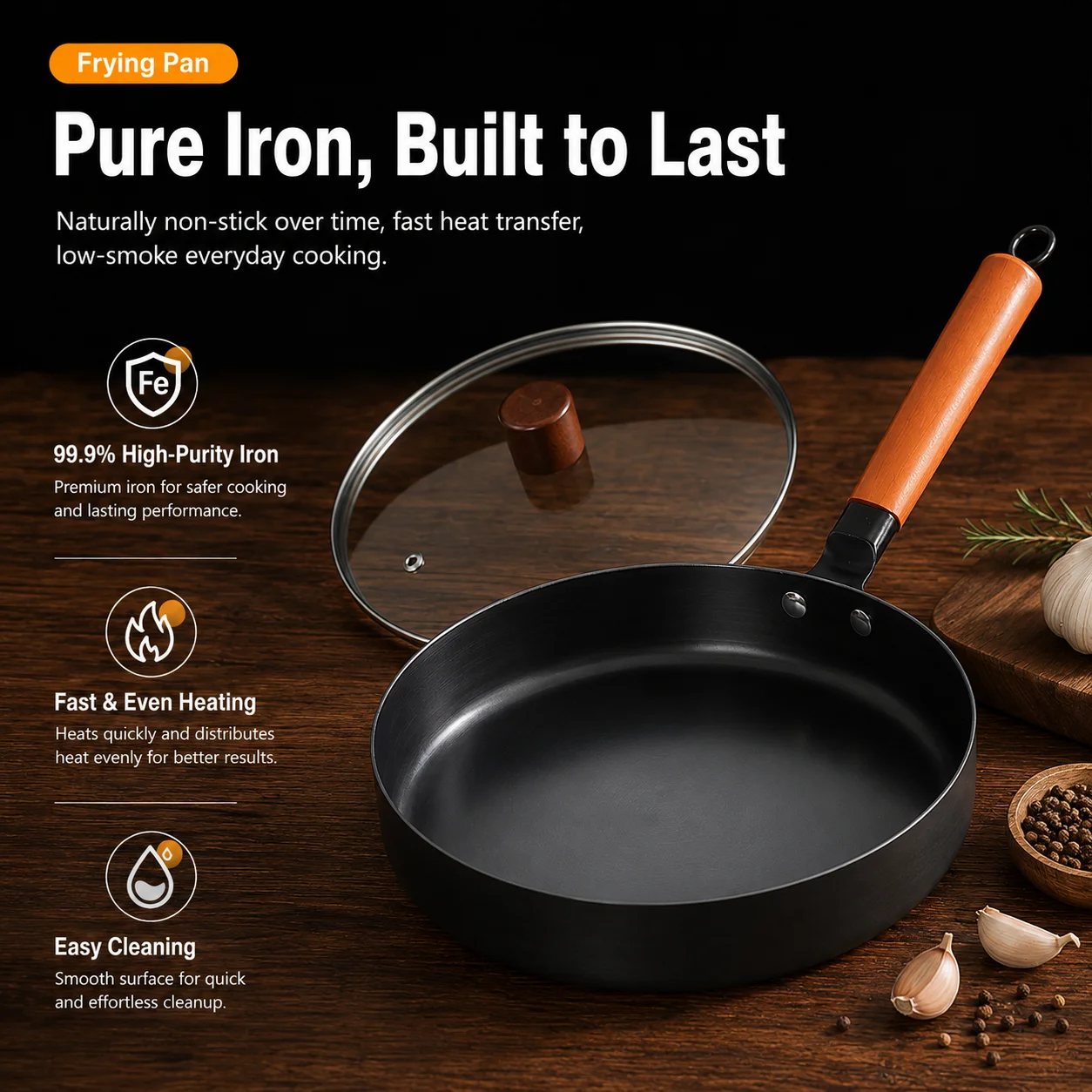 26cm Uncoated Iron Frying Pan Japanese Style Steak Skillet Nonstick Egg Fry Pan Indoor Outdoor Cooking Wok Induction Cookware