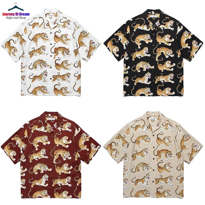 WACKO MARIA Summer Best Quality Vintage Full Print Tiger Hawaii Casual Hip Hop Loose Short Sleeve Shirt Mens Womens Tops