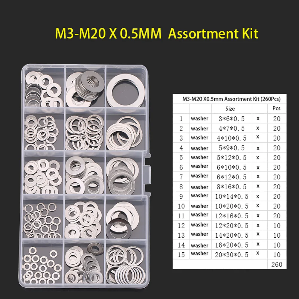 M3-M20 304 Stainless Steel Washer Plain Gasket Assortment Kit for Screw Bolt Flat Metal Flat Machine Washer Repair Seal Ring Set