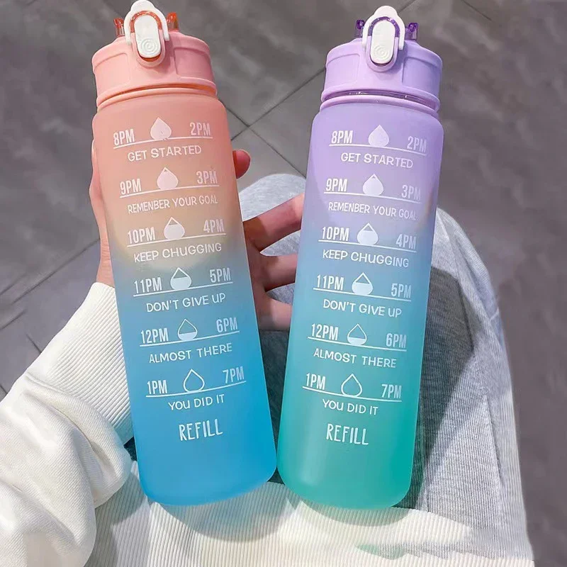 Sports Water Bottle Portable Motivational Graduated Straw Cup Rainbow Frosted Progressive Color Water Cup Plastic Cup