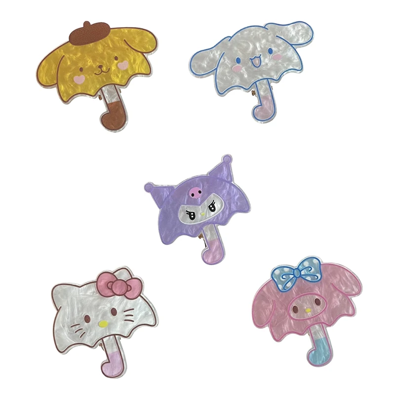 Cartoon Kawaii Sanrio Paraplu Haarclip Meisjes Lieve Hello Kitty Kuromi Melodie Acryl Zij Pony Clip Haarspeld Haaraccessoires