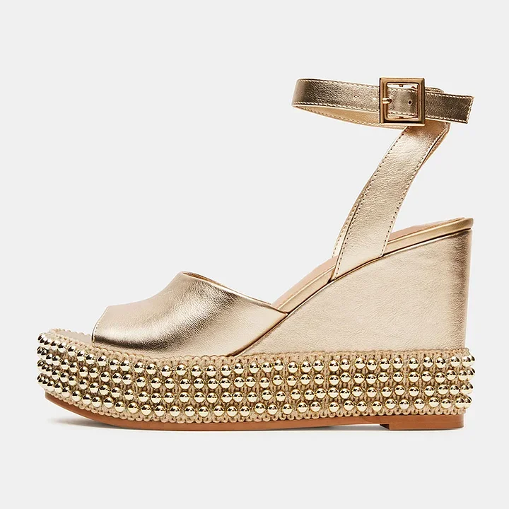 Gold Open Toe Buckled Ankle Strap Studded Platform Wedge Sandals