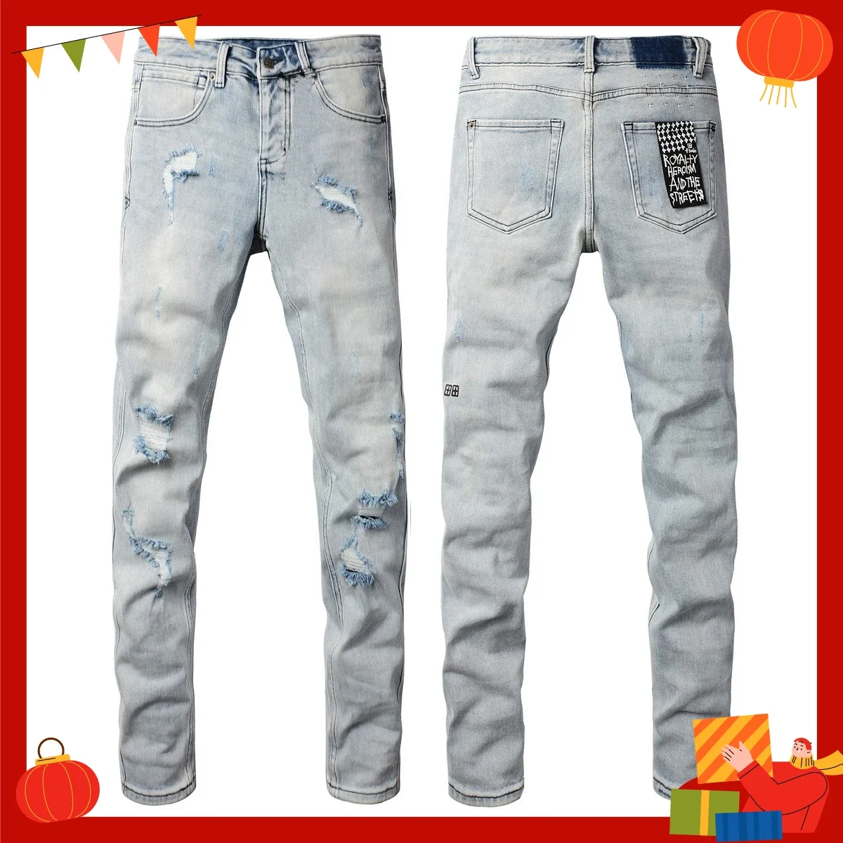 Light Blue Ripped Skinny Jeans Men Stretch Denim Long Pants Casual Straight Leg Fashion Trend Cross Ballroom