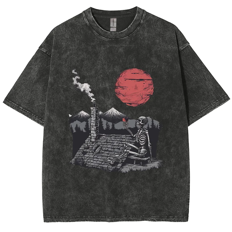 

Japanese Skull City Sunset Print Women's Cotton T-Shirt Oversized Loose Wash Mid Sleeve Casual Simple Fashion Hip Hop Top 2024