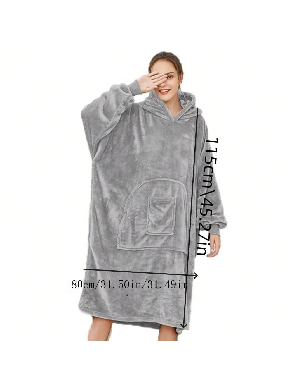 Extra-Large Wearable Blanket Outdoor Thermal Sweatshirt, Thick Warm Flannel Hooded with Pockets and Sleeves, Adult Gift, Medium-Length Wide Hood 145cm, Home Wear