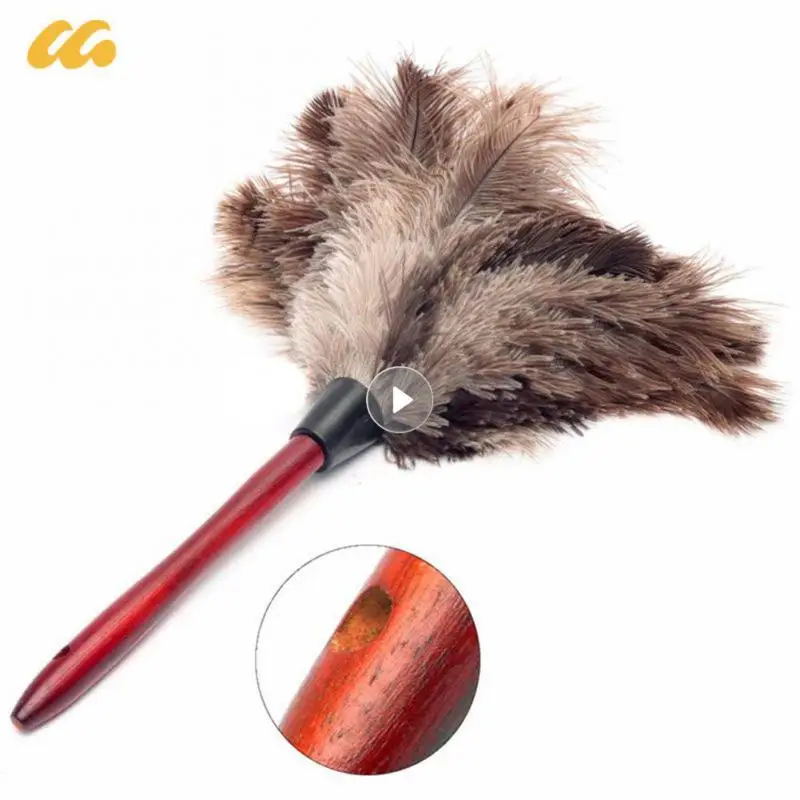 Feather Duster Anti-static Ostrich Feather Fur Wooden Handle Brush Duster Furniture Manual Dust Removal Household Cleaning Tool