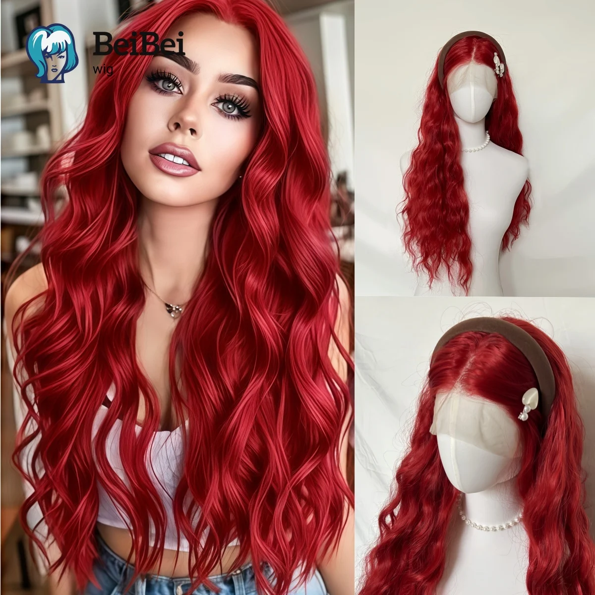 

BeiBei Red Synthetic Lace Wigs for Women 26 Inch Long Body Wavy with Heat Resistant Fiber for Cosplay Party Long Curly Red Wigs