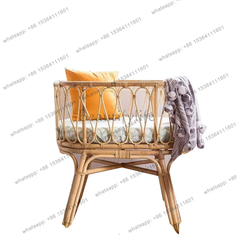 Real rattan solid wood widened splicing bed with guardrail fashionable and simple