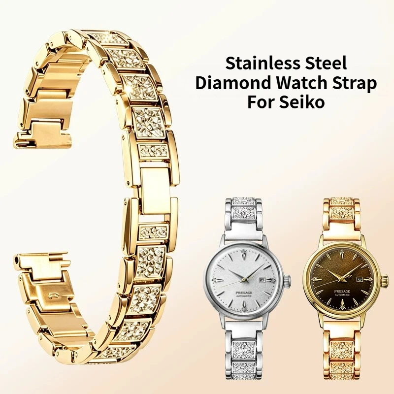 Women Stainless Steel Inlaid Diamond Watch Band, Replacement Bracelet For Seiko Presage Cocktail Time SRE017J1 SRE018J1 SRE020J1