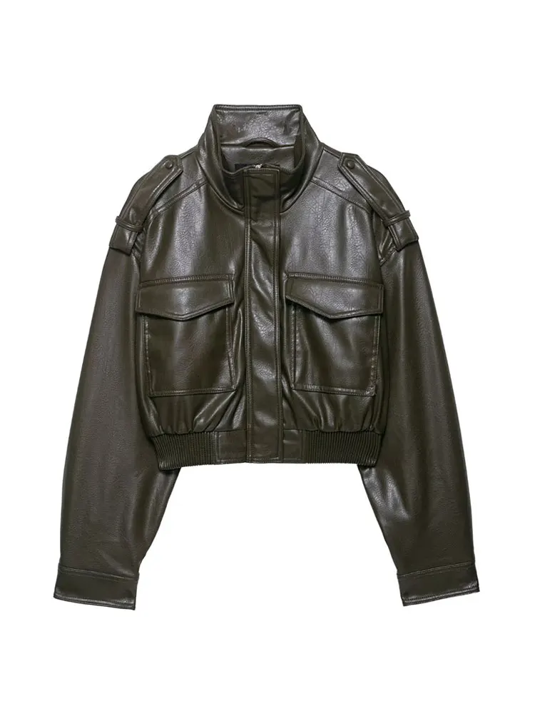 سترة نسائية قصيرة من الجلد الصناعي بأكمام طويلة وياقة عالية، بلوزة أنيقة مع جيوب بغطاء قلاب، ملابس خارجية نسائية #4