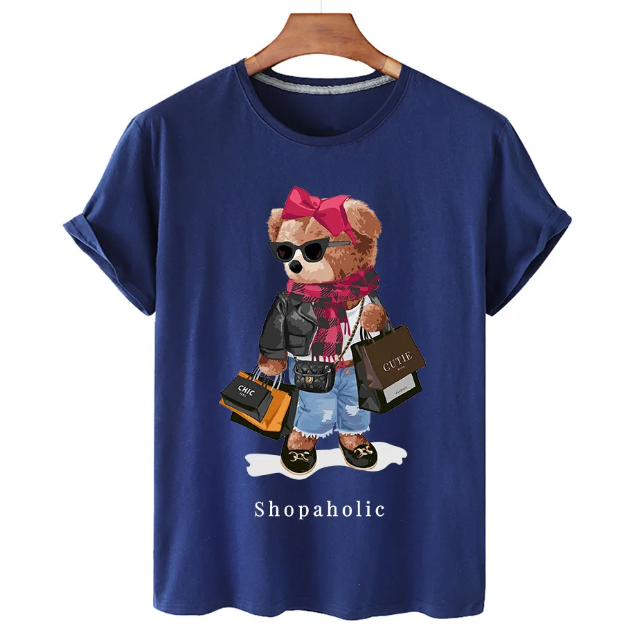 100% Cotton Shopping Bear T-shirts Summer 2022 T-shirts Women's Short Sleeve O-neck T-shirts Unisex Plus Size Women's T-shirts