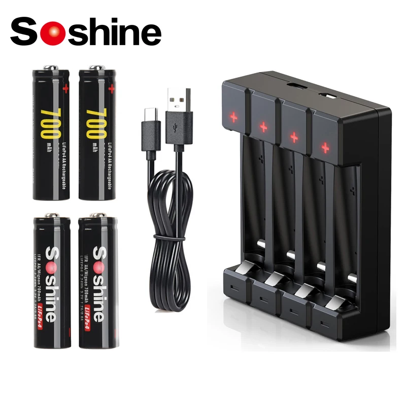 Soshine 3,2 V 14500 LiFePO4 700mAh batería recargable AA 700mAh baterías y AA AAA 14500 10440 cargador de batería inteligente 4 ranuras