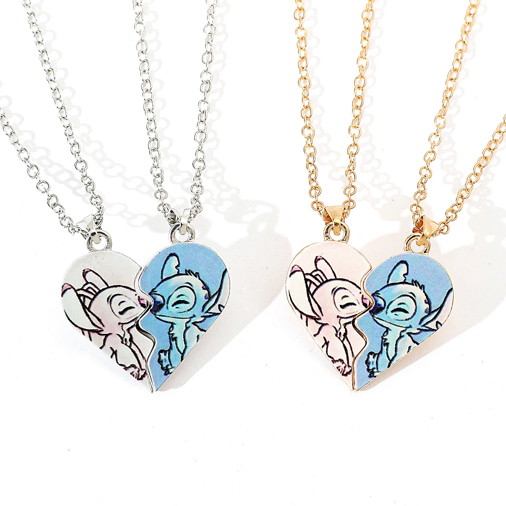 Disney Cartoon Cute Stitch Necklace Stitch Angel Couple Heart Neck Chain For Women Men Love Jewelry Acessorios Gifts