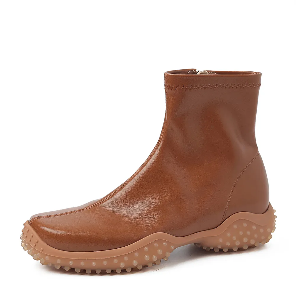 Botines de Mujer con Punta Cuadrada Elástica, Suela Gruesa Ondulada, Cierre Lateral con Cremallera, de Cuero Suave, Botas Cortas Casuales