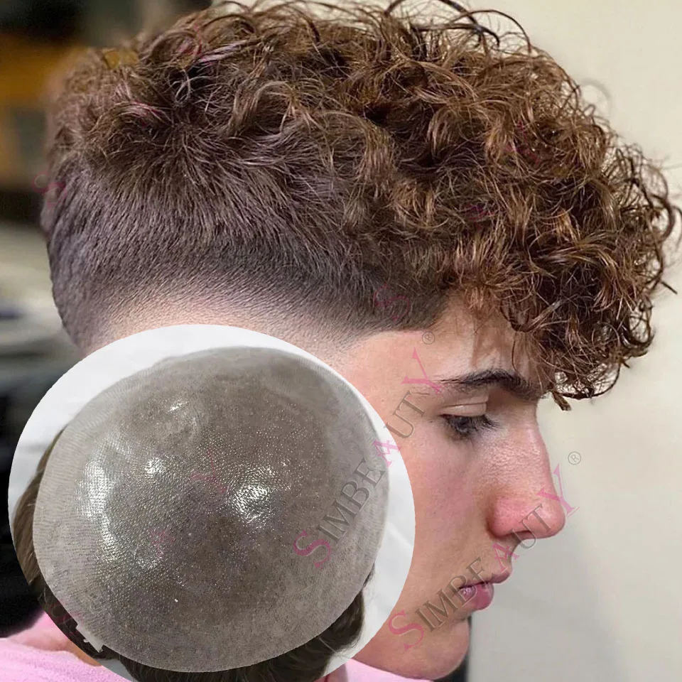 

25 мм вьющиеся крутые коричневые пепельно-русые мужские парики необнаружимые 0,06 мм ультра тонкая кожа 100% человеческие волосы натуральные волосы серый парик Vloop