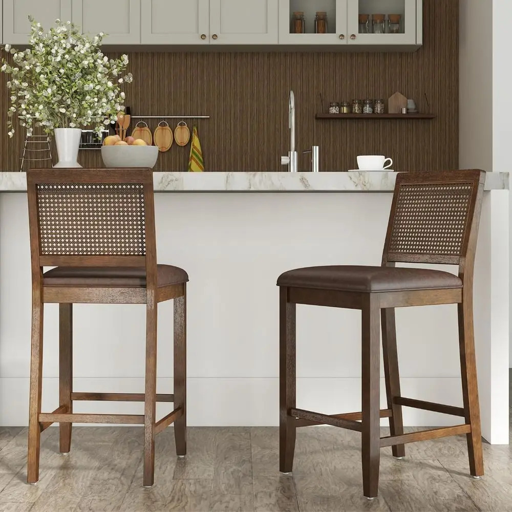 

Set of 2 Rattan Woven Counter Height Bar Stools with PU Leather Seats and Solid Wood Frames for Dining, Kitchen, or Bistro Use
