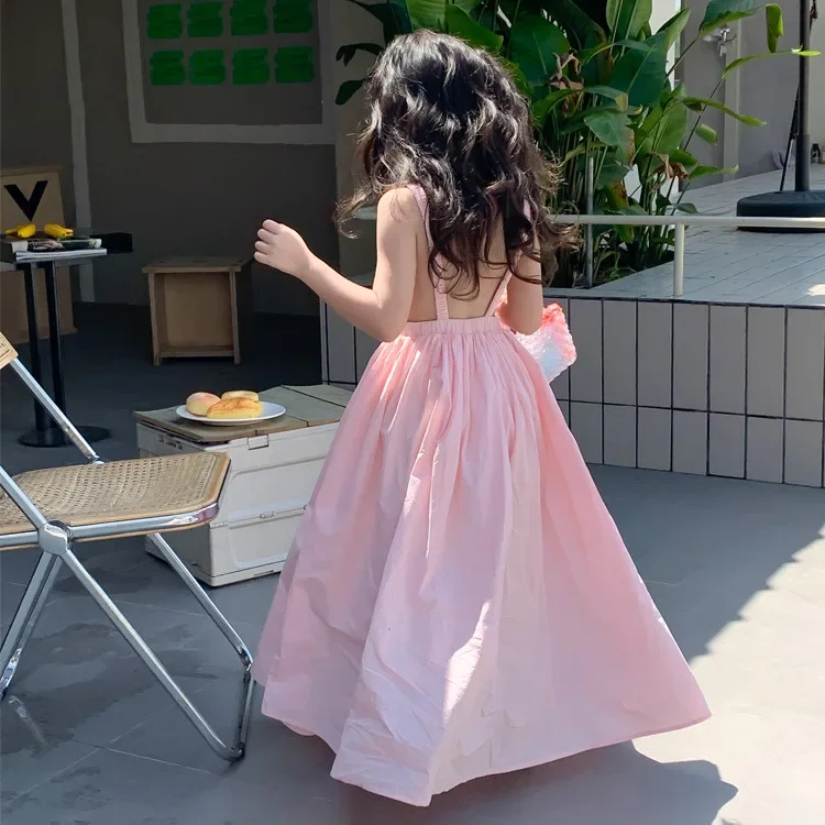 Children Clothing Girls Dress Holiday Style 2023 Summer Girls Backless Temperament Sweet Suspender Princess Long Casual Dress