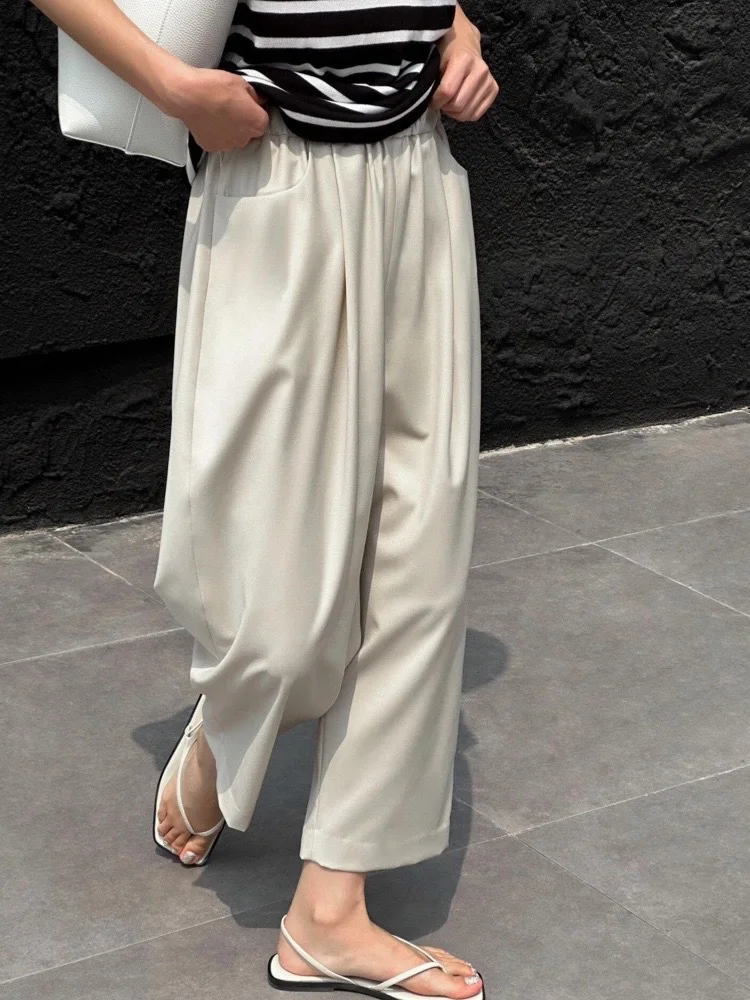 Dave&di 2025 Spring/summer New Satin Color Two-color Slimming Casual Elastic Micro Cocoon Pocket Pants