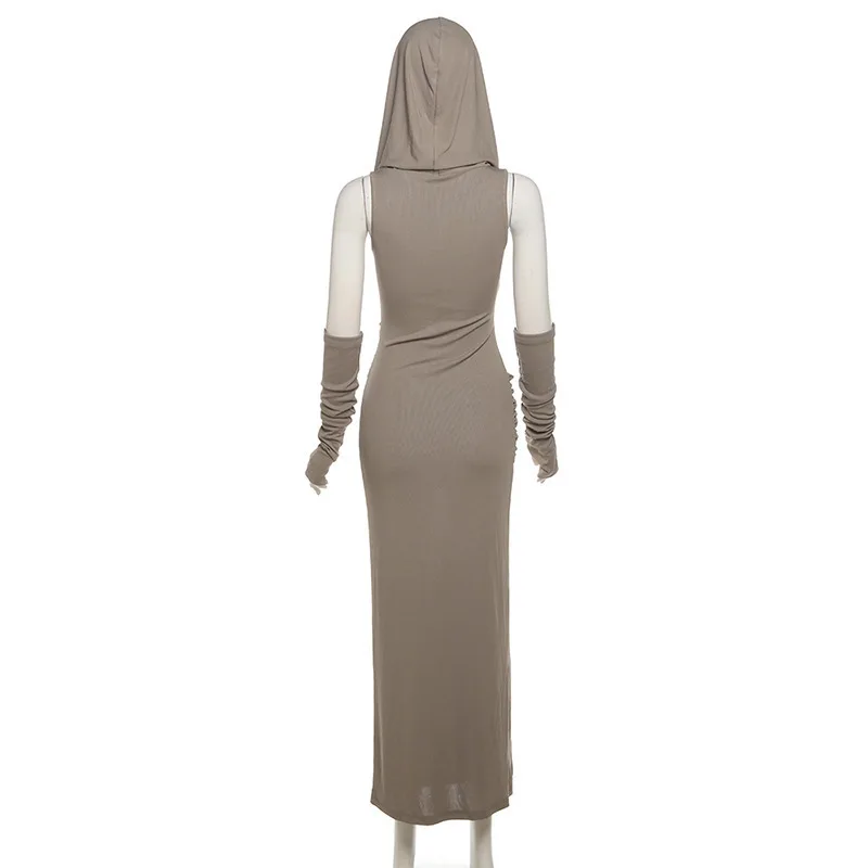 #4229 Khaki Sleeveless Hooded Long Dress Women Slim Asymmetrical Bodycon Dress Femme Gloves Slim Folds Streetwear 