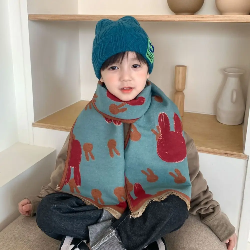 

Retro Warm Scarf Kids Cashmere Scarf Thicken Patchwork Color Children's Scarf Rabbit Printing Neck Warmer Outdoor