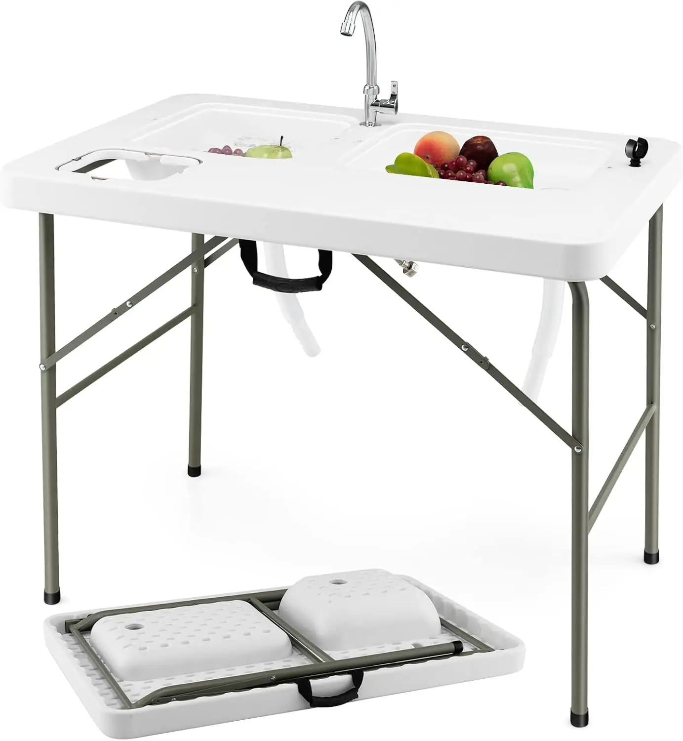 

Foldable Fish Cleaning Table with 2 Sinks, Heavy Duty Outdoor Camping Station for Fishing Picnic Dock